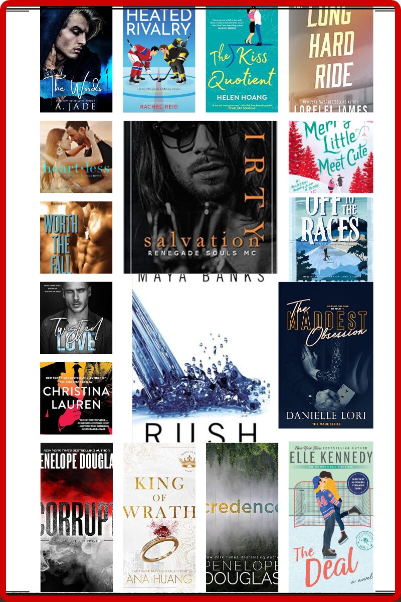 Collage of spicy, high-rated contemporary romance picks across MC, mafia, sports, billionaire, rockstar, small-town, rom-com, single-parent, Western—featuring V. Theia, Ana Huang, Penelope Douglas, Elle Kennedy, Danielle Lori, Christina Lauren, Helen Hoang, Ashley Jade, Lorelei James, Elsie Silver, Maya Banks, Claudia Connor, Sierra Simone.